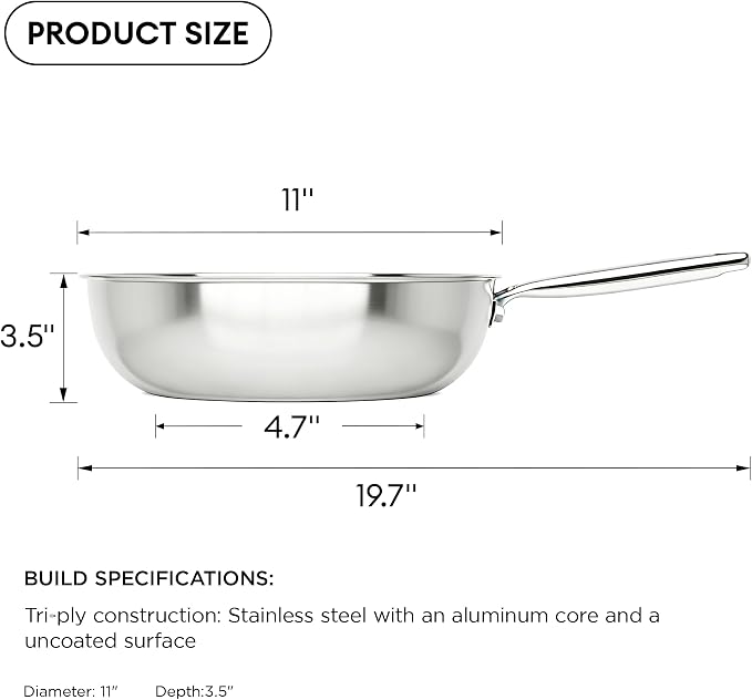 COOKER KING 11" Wok Pan with Lid, Stainless Steel Deep Skillet for Stir-Fry | Non-Toxic Uncoated Cookware, Flat Bottom, Oven Safe, Induction Ready, Stay-Cool Handle, 3-Ply Stainless Steel Clad