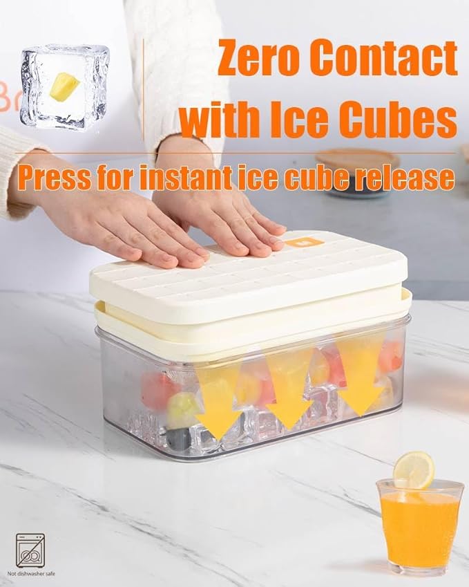 Brigii Ice Cube Tray with Lid & Storage Bin, 56 Cubes Ice Trays for Freezer | Silicone bottom easy release, press-to-pop, 2 trays 56 cubes, storage bin and scoop, BPA-free, stackable, for whiskey