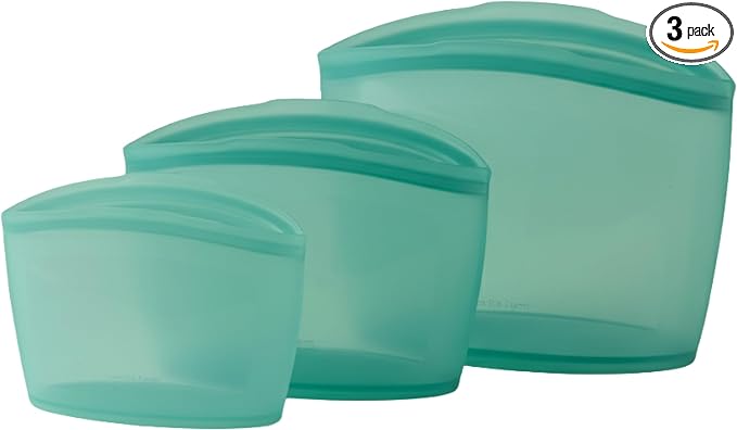 Blue Ginkgo Silicone Food Storage Bags, 3-Pack, Reusable, Made in Korea | Leakproof. Stand Up. Freezer and Dishwasher Safe. (Forest Green)