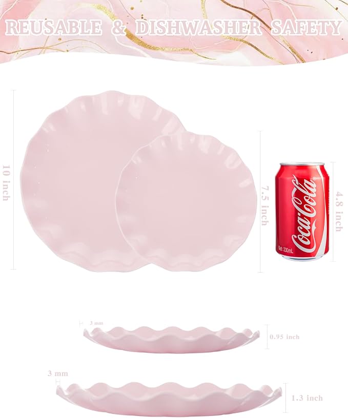 LIYH 24 Pcs Pink Plastic Plates Reusable, Pink Scalloped Plates Durable and Dishwasher Safe, Light Weight Daisy Wavy Plate Parties, Birthday, Picnics, BPA Free(12Guests)