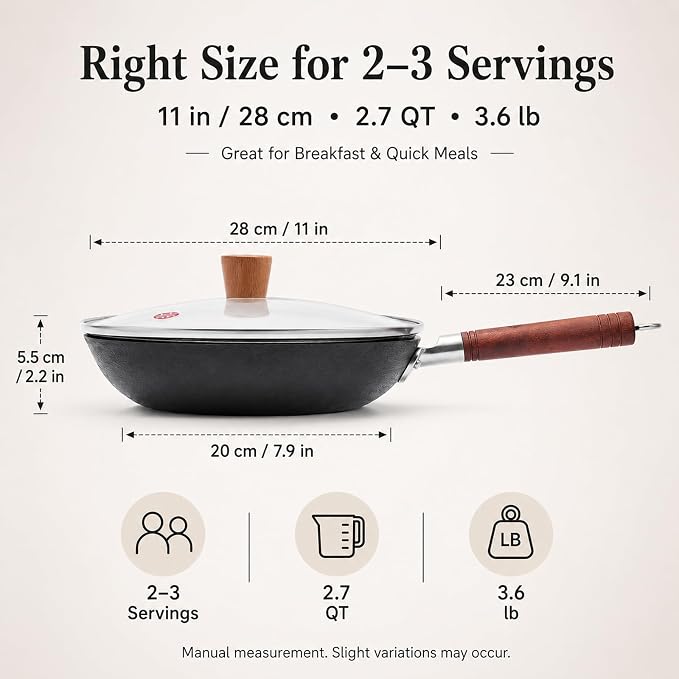 WANGYUANJI 11 Inch Cast Iron Skillet with Glass Lid, Uncoated Cast Iron Frying Pan for Steak, Eggs, Sautéing,Flat Bottom Skillet for Gas, Electric & Induction Cooktops