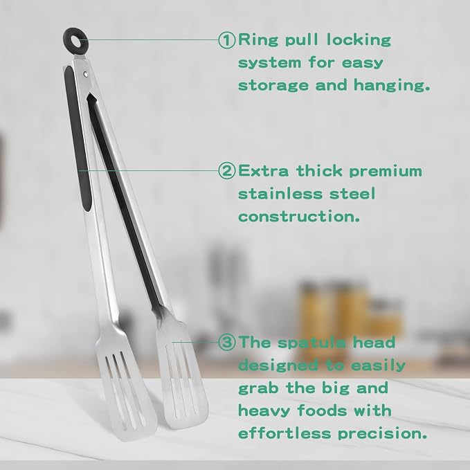 Tongs for Cooking, Set of 2 Metal Spatula Tongs for Grilling, Black | 9 inch & 12 inch, Flat Spatula Head, Comfortable Handle, Strong Grip, Easy Pull Lock, Flipping Utensil