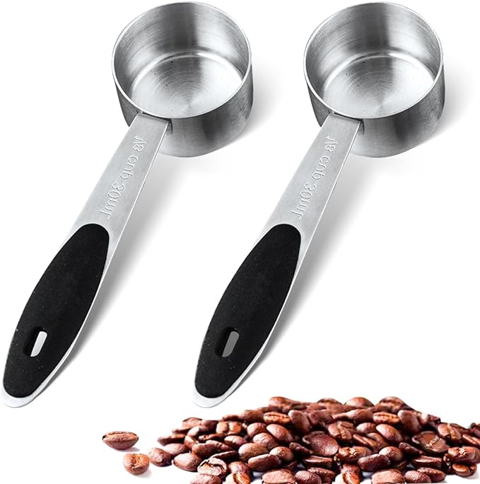 2 PCS 1/8 Cup Stainless Steel Measuring Scoops Coffee Measuring Scoop 30ML Small Coffee Scoop Measuring Cup with Black Silicone Handle Large Capacity And Comfortable Hand Feeling Tablespoon