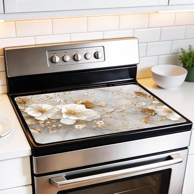 Marble Glass Stove Top Cover 28x20 Inch Decorative Stove Cover | Heat Resistant Cooktop Protector Mat with Non-Slip Backing, Scratch Protection and Countertop Drying Mat.
