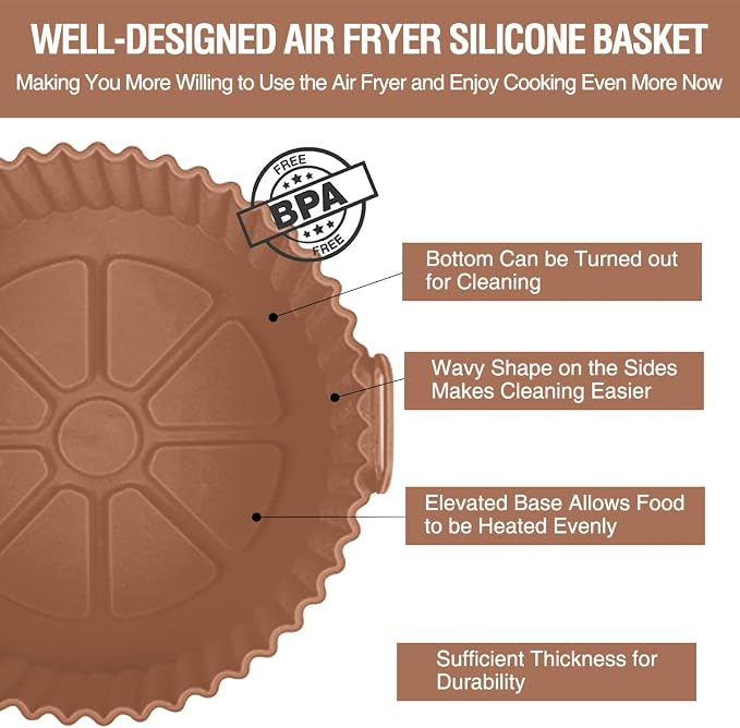 2 Pack Air Fryer Silicone Liners Pot for 3 to 5 QT, Air Fryer Silicone Basket Bowl, Replacement of Flammable Parchment Paper, Reusable Baking Tray Oven Accessories, Brown+Blk, (Top 8in, Bottom 6.75in)