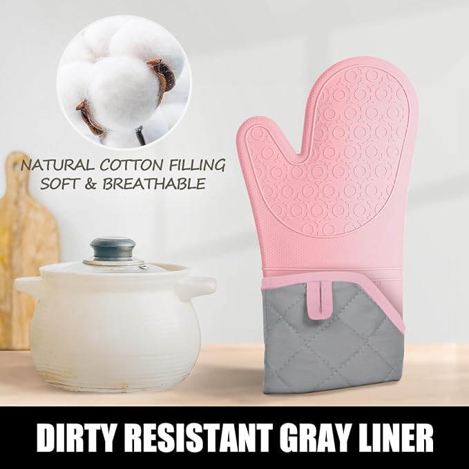 RORECAY Silicone Oven Mitts and Pot Holders Sets, Gloves for Kitchen, Pink | Set of 6 Kitchen Mitts for Baking & Cooking, Heat Resistant 500 ℉, 15" Extra Long, Non-Slip & Waterproof, Quilted Cotton