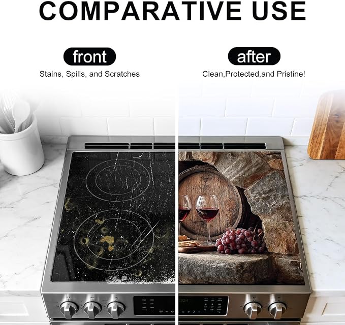 Wine Barrel Stove Top Cover, Tuscan Vineyard, 28x20 in | Stone wine cellar with oak barrel, red wine glasses and grapes; flat-printed non-slip mat; protects glass cooktops; 28x20 in