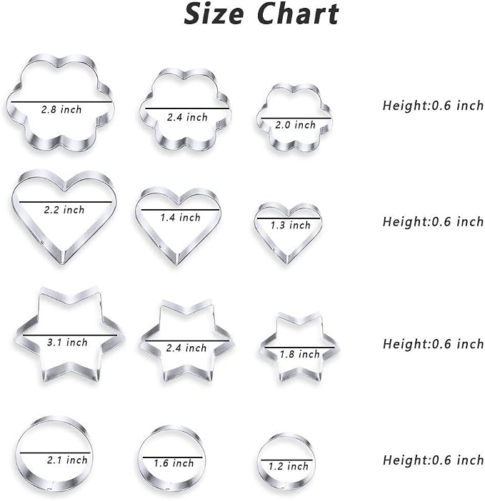 MCIGICM Cookie Cutters Set 12PCS: Flower Round Heart Star Shape Cookie Mold | Stainless Steel Cookie Cutters Variety Pack 3 Size Options, Biscuit Cutter for Baking & Art Crafting