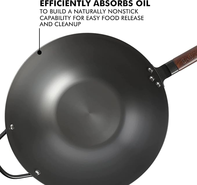 Babish Carbon Steel Wok 14 Inch Flat Bottom Stir Fry Pan Durable Heavy Duty Cookware for High Heat Cooking Stir Fry Sautéing Frying Compatible with Gas Electric and Induction Stovetops