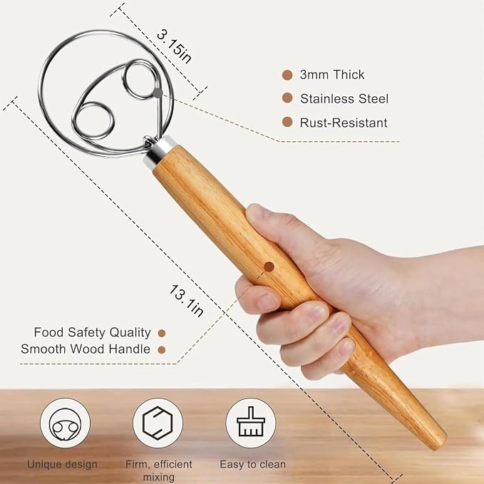 LorisArm Danish Dough Whisk, 13-inch wood handle Stainless Steel Dough Hook Dutch Whisk for Bread Sourdough Mixer Hand Wooden Handle Kitchen Whisking Mixing Tool