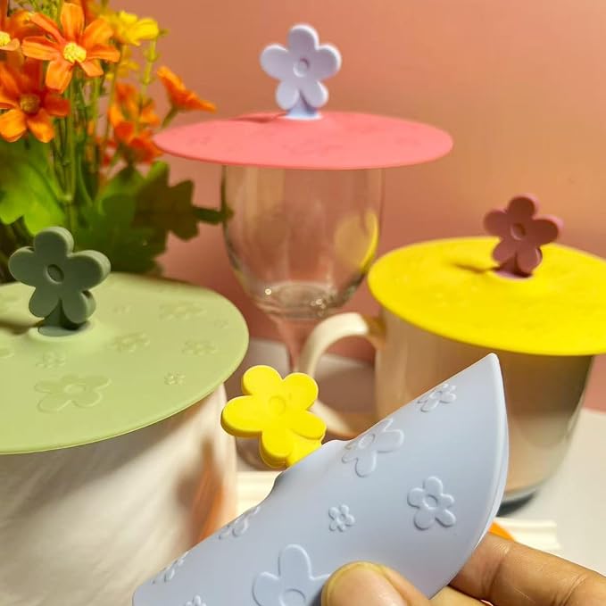 flower Silicone Cup Covers (Set of 5), Multicolored Silicone Lids for Mugs, Cups, Flexible Mug Covers, Tea Pots, Hot Cup Lids for Coffee & Tea (Style D)