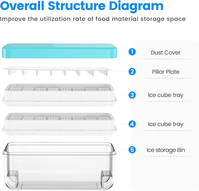 1" Ice Cube Tray with Lid and Bin, Easy Release 64 Cubes for Freezer | Food-grade BPA-free PP and ABS. 1" x 64pcs ice cubes for fruit whiskey, cocktails. Space-saving, stackable with scoop