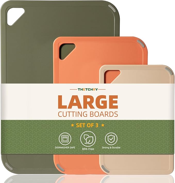 Plastic Cutting Board Set, Cutting Boards for Kitchen BPA Free | Large-Small Chopping Boards Set of 3 Non-Slip for Cooking Camping Dishwasher Safe, Reversible, with Grip Handle, Orange Green