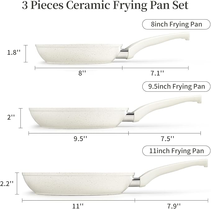Innerwell Nonstick Ceramic Frying Pans Skillets Set 8"+9.5"+11" | No Toxic Egg Omelette Frying Pan, All Stove Compatible, Healthy Granite Induction Cooking Pan, PFOA & PFAS Free, White