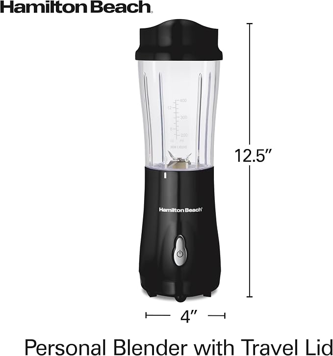 Hamilton Beach Portable Blender for Smoothies With 14 oz. Travel Jar | BPA Free Jar & Lid | Durable Stainless Steel Blades | 300 Watts Peak Power | Personal Smoothie Blender | Black | 51101AG