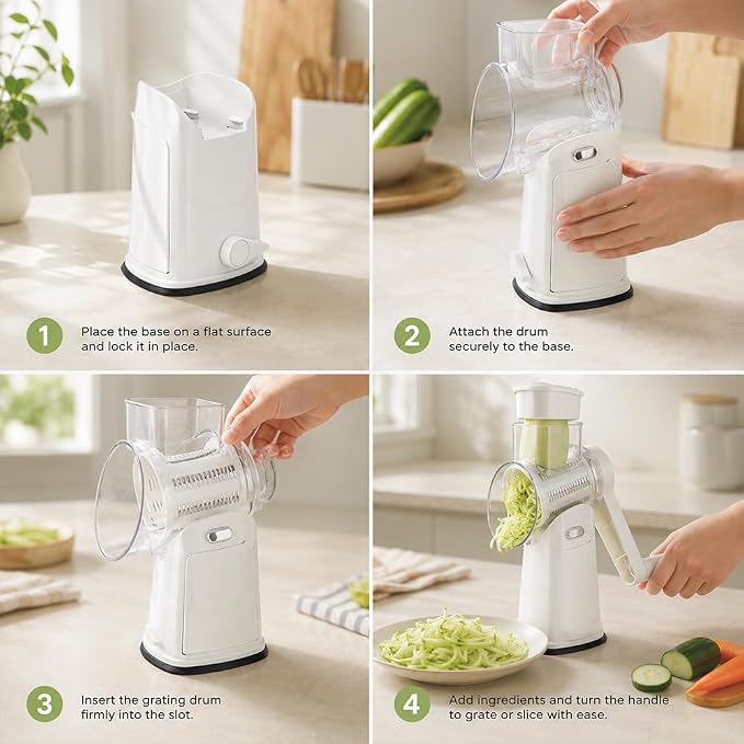Rotary Cheese Grater with Hand Crank - Cheese Shredder with 5 Interchangeable Stainless Steel Blades, Suction Base & Ergonomic Handle | Vegetable Slicer, Food Grater for Cheese, Nuts & Chocolate