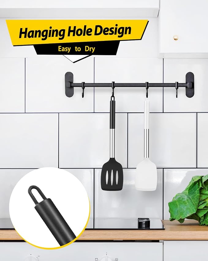 Pack of 2 Silicone Solid Turner, Non Stick Slotted Kitchen Spatulas, High Heat Resistant BPA Free Cooking Utensils, Ideal Cookware for Fish, Eggs, Pancakes(Black-White)