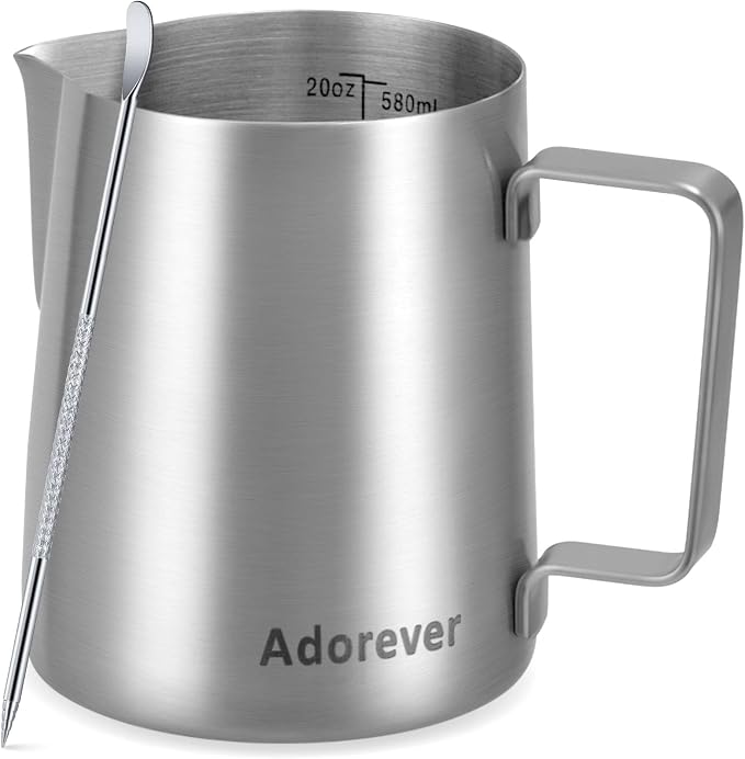 Milk Frothing Pitcher, 20oz Stainless Steel Milk Frother Cup Steaming Pitcher, Cappuccino Espresso Accessories Coffee Bar Barista Tools, Metal Steamer Cup Milk Jug with Latte Art Pen, Matte Steel