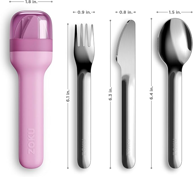Zoku Pocket Utensil Set Stainless Steel Fork, Knife, and Spoon in Case Purple