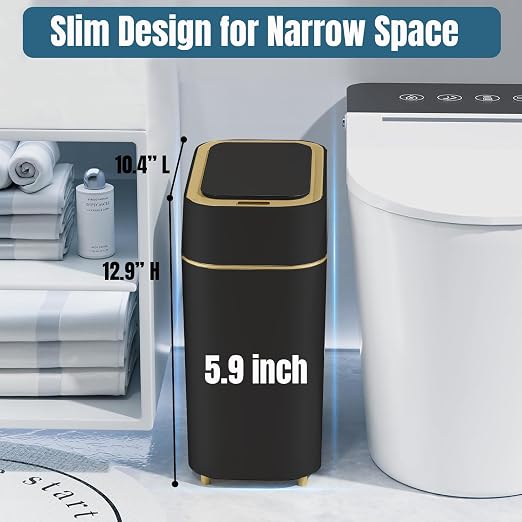 LALASTAR 2-Pack Bathroom Trash Can with Lid, Slim Motion Sensor Trash Can, Small Automatic Garbage Can Touchless, Waterproof Trash Bin for Bedroom, Office, Living Room, 2.3 Gal, Black with Gold Trim