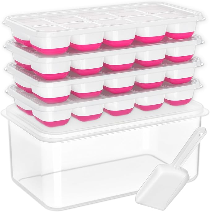 DOQAUS Ice Cube Tray with Lid and Bin,4 Pack Ice Cube Trays for Freezer | Silicone,Stackable.Easy Release Trays with Storage Bin & Scoop. Ideal for Freezer, Kitchen, RV, Cocktail, Coffee.