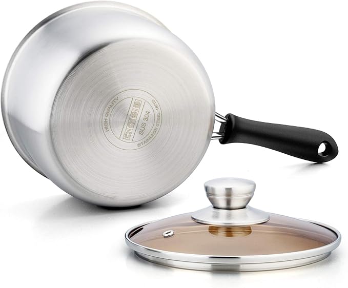 P&P CHEF 3 Quart Sauce Pan With Lid, Small Pot Saucepan for Milk, 1 Pc | Stainless Steel Saucepan, Small Sauce Pot for Cooking, Visible Glass Lid & Bakelite Heat-Proof Handles,Dishwasher Safe