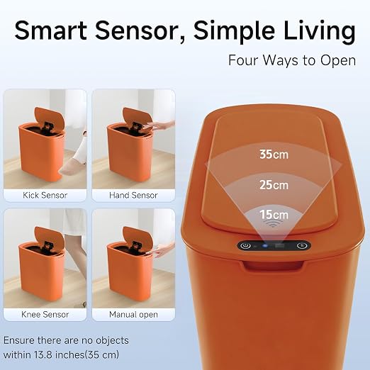 TIPGO 5 Gallon Automatic Bathroom Trash Can with Lid, Orange, Touchless | Motion Sensor, Slim Smart Garbage Bin, Plastic Wastebasket, Battery Operated, Manual Button, for Bedroom, Office,RV