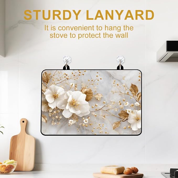 Marble Glass Stove Top Cover 28x20 Inch Decorative Stove Cover | Heat Resistant Cooktop Protector Mat with Non-Slip Backing, Scratch Protection and Countertop Drying Mat.