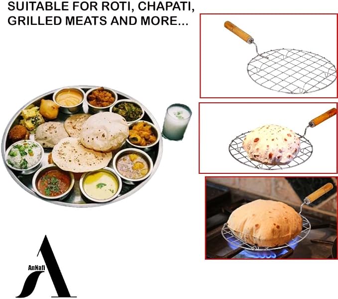 AnNafi® Wire Rack for Cooking Roti, Chapati & Bread | Stainless Steel Cooking Wire Rack for Gas Stove Roasting | BBQ & Barbecue Grilling Rack Mesh with Wooden Handle | Phulka & Papad Roaster