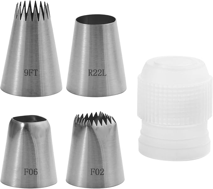 5 Pcs Large Piping Tips Set with Coupler, Stainless Steel Frosting Tips for Cake Decorating, Extra Large Pastry Nozzles for Cupcakes, Cookies, Churros, Eclairs, Meringue and Baking(F02/F06/9FT/R22L)