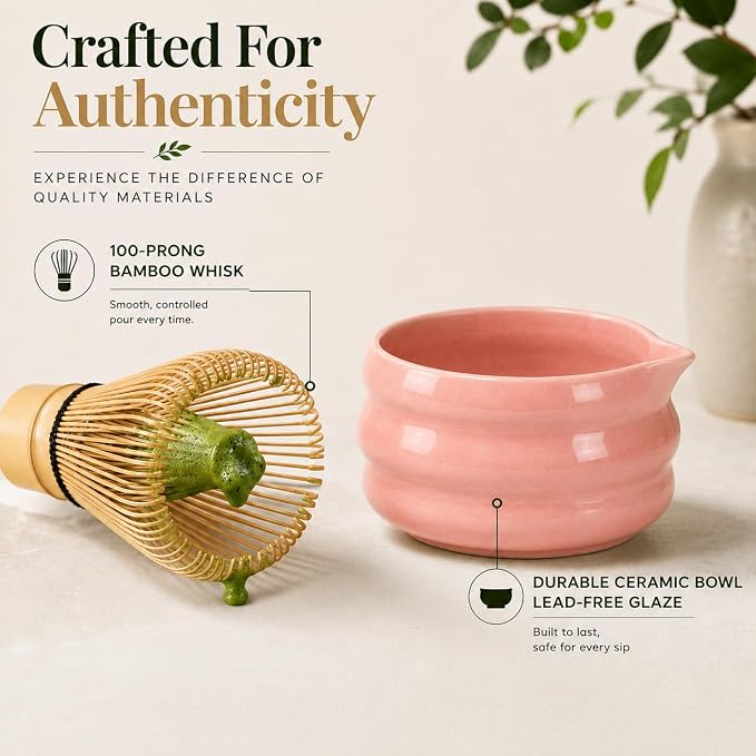 BARISTA EMPEROR® MATCHA WHISK SET PREMIUM 11pcs - Professional Matcha Kit Set with Matcha Bowl, Matcha Whisk, Milk Frother, Spoon, Sifter, Scoop, Stand, Cup, Mat - Aesthetic Pink Matcha Set Kit