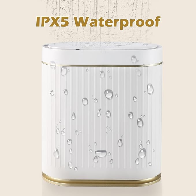 ELPHECO Slim Bathroom Trash Can with Lid, 2 Gallon White Golden | Smart Garbage Can, Plastic Wastebasket, Narrow Garbage Bin, Waterproof Bathroom Decor for Bedroom