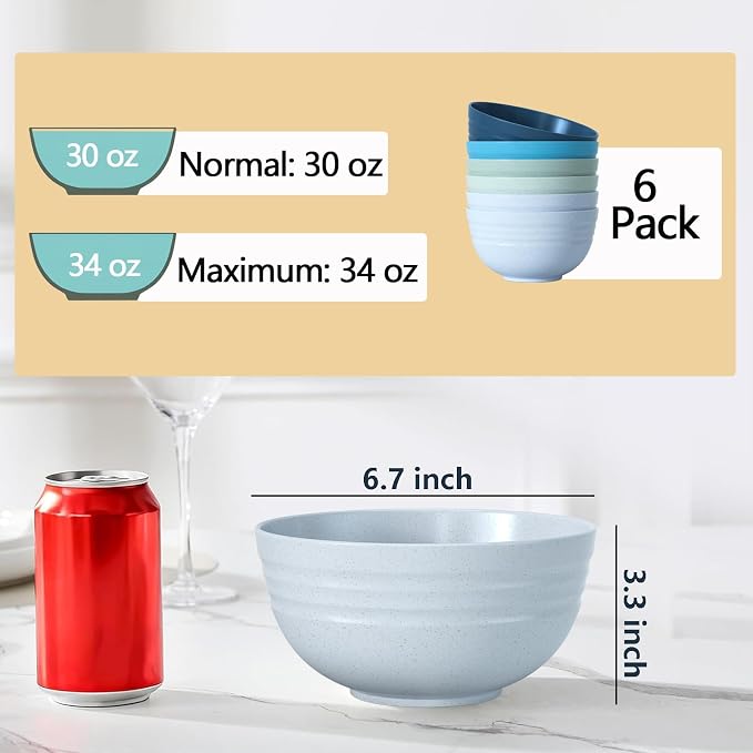 Homestockplus 【Set of 6】 Unbreakable Soup Bowls, 34 Ounces Big Bowls Microwave and Dishwasher Safe BPA-Free Bowl for Cereal, Salad, Soup, Ramen,Oatmeal Apply to Kitchen, Dishwasher & Microwave Safe