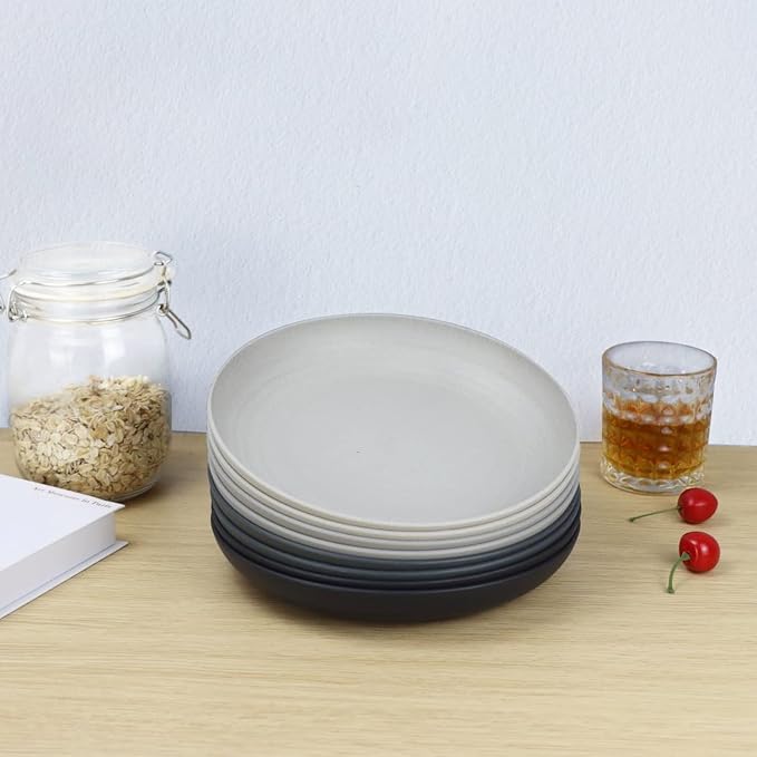 Deep Dinner Plates Set of 8 Alternative for Plastic Plates Microwave and Dishwasher Safe Wheat Straw Plates for Kitchen Unbreakable Kids Plates for Dessert, Salad (Black Grey, 10 inch)
