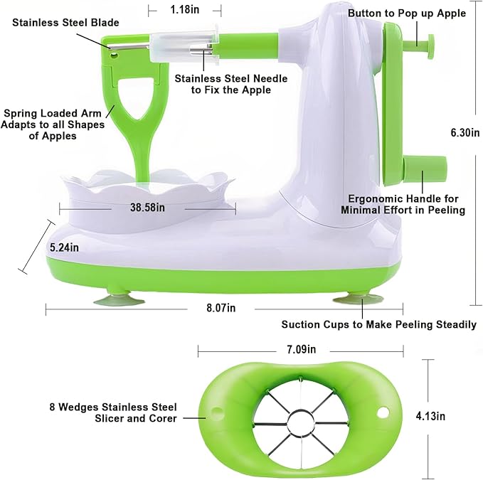 Apple Peeler for Apple Sauce and Pie, 8-Wedge Apple Slicer Corer with Stainless Steel Blades, Upgraded Strong Suction Base, Includes 2 Replacement Blades