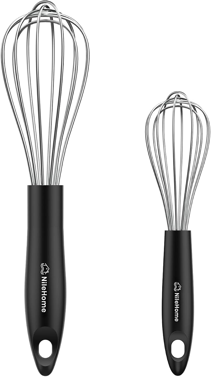 NileHome Silicone Whisk Set 8" 10" Kitchen Whisk Kitchen Wisk Wire Whisks for Cooking, Whisking, Blending, Beating, Stirring-Black Silver