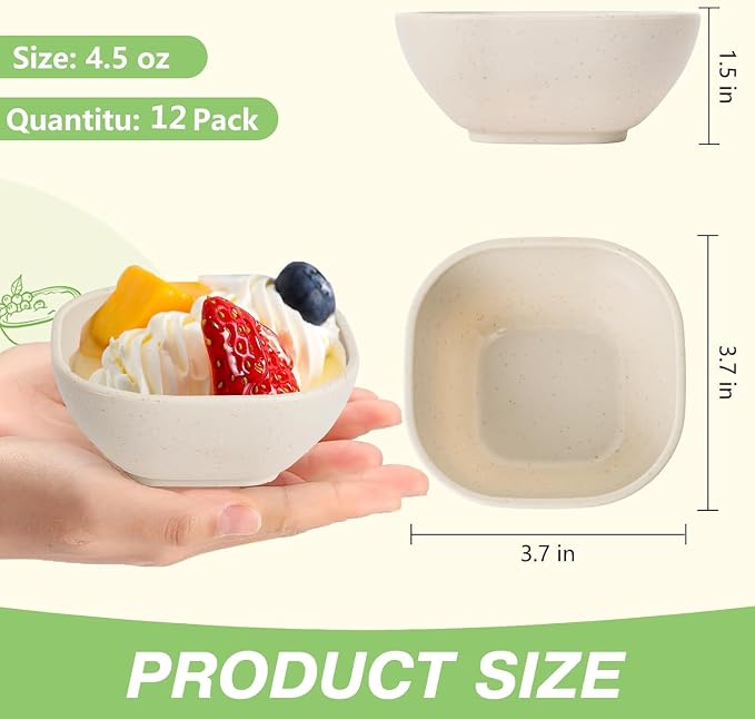 SHECIPIN 12 Pack Unbreakable Dipping Bowls, 4.5 OZ Soy Sauce Dishes,Wheat Straw Small Dessert Bowls,Small Prep Bowls，Dipping Sauce Cups, Dip Bowls for Side Dish, Snacks, BBQ，Ketchup (Beige