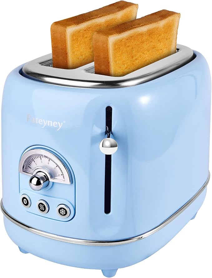 Retro Stainless Steel Toaster - 2 Slice, Extra-Wide Slot, 6 Adjustable Settings, Removable Crumb Tray, Defrost, Cancel, Reheat (Light Blue)