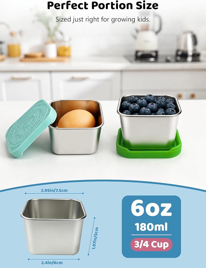 HTEVW 6 Pack Stainless Steel Snack Containers for Kids, 6 oz Food Container | Reusable leak resistant silicone lids food containers . Perfect for school lunch, daycare, travel and portion control.