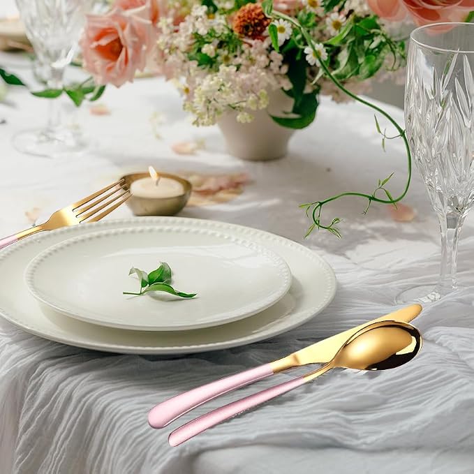 MURRI&MURRDI Travel Stainless Steel Cutlery Set for 1, Reusable Flatware Set with Case, Camping Silverware Set for Work, Knife Fork Spoon Utensil Set 3 Piece (Pink Gold)