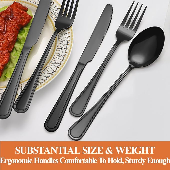 Silverware Set,20-Piece Stainless Steel Flatware Set for 4 | Food-Grade Stainless Steel Cutlery Set,Dishwasher Safe,Mirror Finished Utensil Sets for Home Restaurant,Double-Stripe,Black