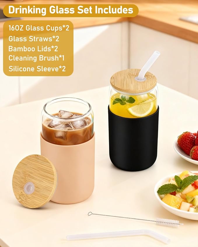 16 oz Glass Cups with Lids - 2 Pack Iced Coffee Cups with Silicone Sleeves | Anti-Slip, Bamboo Lids, Iced Coffee Cup, Home Essential, Coffee Bar Accessories, Glass Tumbler, Reusable, Matcha Cup