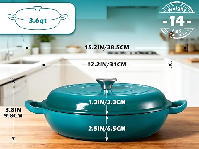 Leonyo 3.6QT Cast Iron Braiser Shallow Dutch Oven with Lid,Lake Green | Nonstick Enameled Cast Iron Casserole Skillet, Cast Iron Cookware Shallow Dutch Oven with Lid for All Cooktop, Oven Safe