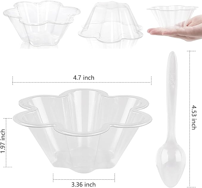 8 oz Plastic Dessert Cups with Spoons, 50ct | Clear Flower Shaped Party Sundae Serving Bowls, Parfait Appetizer Cups for Ice Cream, Nuts, Salad