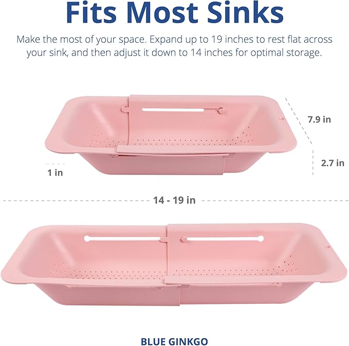 Blue Ginkgo Over Sink Colander, Extendable Kitchen Strainer, 2-Pack, Pink