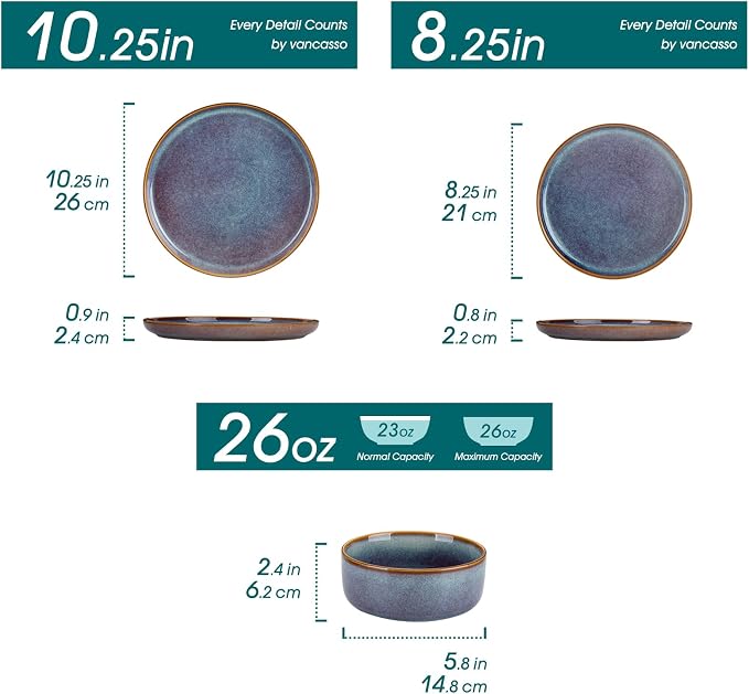 vancasso PLAYA Plates and Bowls Sets, 12 Pieces Grey-Blue Dinnerware Sets for Kitchen, Reactive Glaze Dishes Set for 4, Dishwasher and Microwave Safe