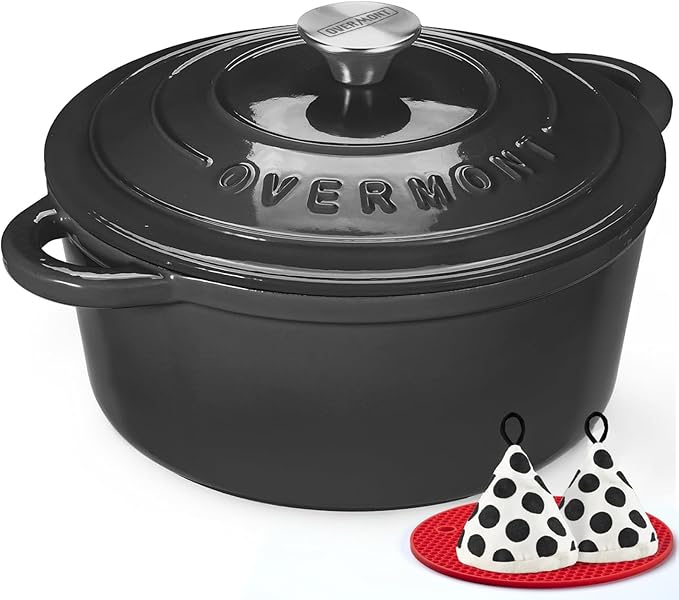 Overmont Enameled Cast Iron Dutch Oven - 7QT Pot with Lid Cookbook & Cotton Potholders - Heavy-Duty Cookware for Braising, Stews, Roasting, Bread Baking GraphiteGray