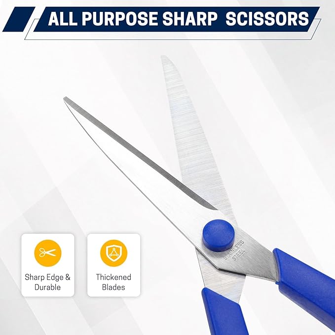 BURVAGY 12 Pack 8" Scissors All Purpose, Heavy Duty Scissors for Office | Scissors Bulk Multipurpose Comfort-Grip Sharp Adult Office Scissors Set Sewing Fabric Stainless Steel Blades, Right/Left Hand