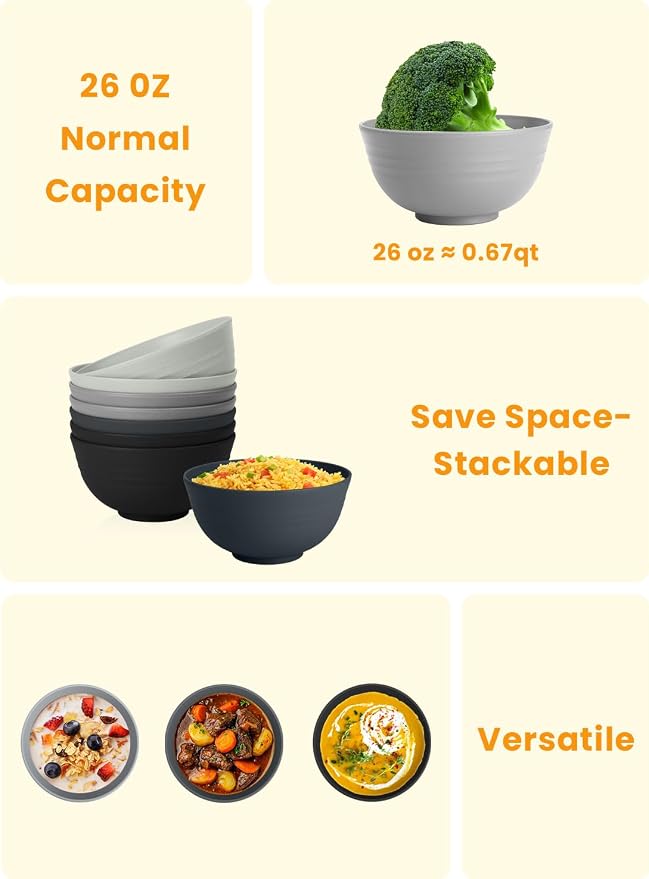 Cereal Bowl Set, Wheat Straw Fiber Unbreakable Lightweight Bowls Set (Grey Stone, 26 OZ)