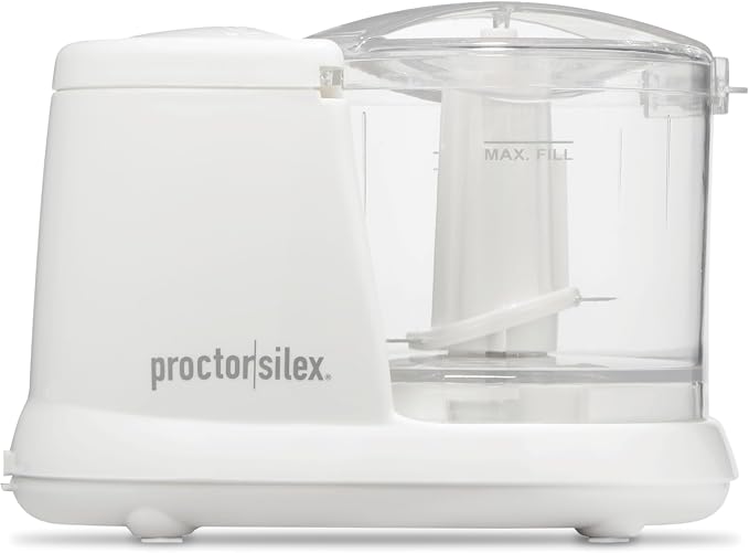 Proctor Silex Durable Electric Vegetable Chopper & Mini Food Processor | 1.5 Cup Bowl | Pulse Speed Control For Chopping, Puree & Emulsify | Stainless Steel Blades | Dishwasher Safe | White | 72500J